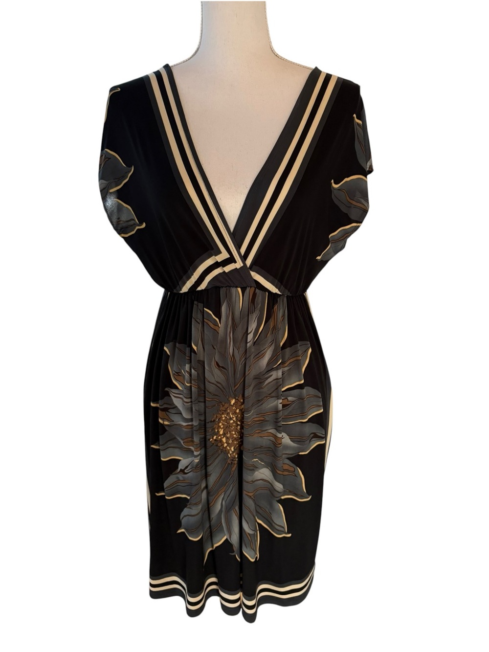 Kiwi Black Floral V-Neck Dress/ Beach Cover up.  Size S